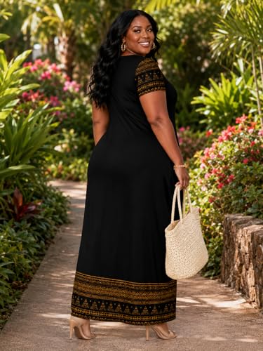 Image of Plus Size Maxi Dress for Women Short Sleeve V Neck Casual Loose Sundress with Pockets