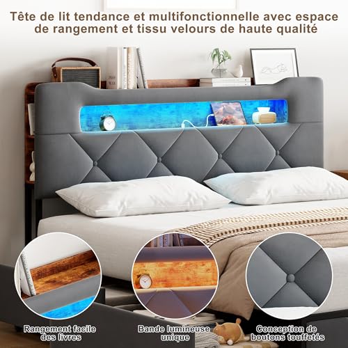 Bett 140 x 190 cm mit LED- und USB-Bettgestell, gepolstertes Doppelbett mit 4 Schubladen, gepolstertes Bett mit großem Stauraum, Litss mit Schubladen für Erwachsene und Jugendliche (Grau-D, 140 x 190 – Bild 7