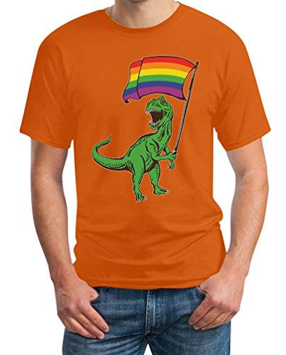 T-Shirt Herren Dinosaurier Oberteil Pride Outfit T-Rex Rainbow Flag CSD Outfit LGBT Shirt Gay Pride Bekleidung LGBTQ Männer Tshirt Large Orange
