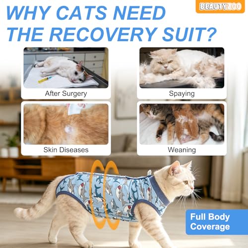 Image of BEAUTYZOO Cat Surgery Recovery Suit, Female Spay, Male Neuter, 2 Pack | Onesie for Cats After Surgery, Anti Licking Wounds, Cone of Shame Alternative, Surgical Recovery Anxiety Vest, Shark&Bee M