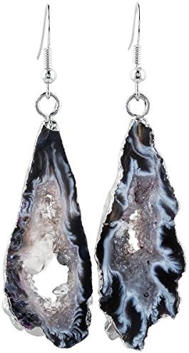 SUNYIK Natural Agate Slice Geode Druzy Dangle Earrings Silver Plated Dark Color