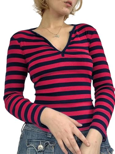 Womens Going Out Tops Striped Tights Y2K Tee Casual V Neck Button Down Slim Basic Tunic Blouse Red