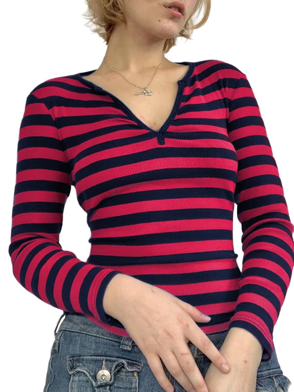 Image of Women Off Shoulder Striped Long Sleeve Top 2026 Fall Going Out Tee Shirts