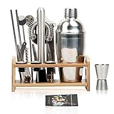 JUEGO COMPLETO DE COCKTAIL SHAKER: 14 Piezas Kit Bartender: Contiene 1 * Coctelera (550 ml) / 1 * Soportes de bambú / 1 * Jigger de doble capacidad / 1 * Tamiz / 1 * Abridor de vino / 1 * Pinzas para hielo / 1 * Máquina amasadora / 2 * Cuchara mezcladora / 2 * Pajita / 3 * Vertedor de botellas / 1 * Libro de recetas de cócteles