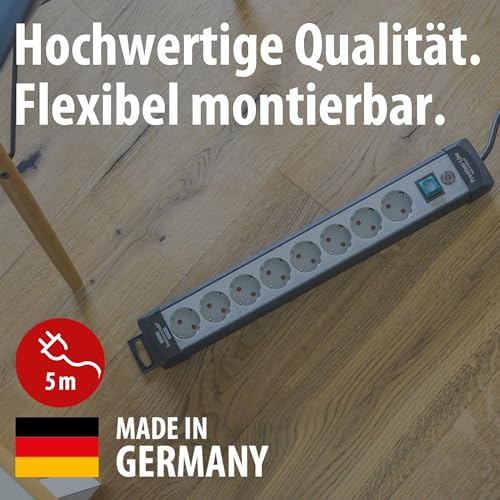 Brennenstuhl Premium-Line Steckdosenleiste 8-Fach (Mehrfachsteckdose mit Schalter und 5m Kabel, Steckdosenleiste Wandmontage, Made in Germany) schwarz/grau