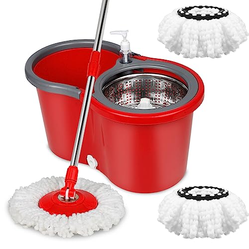 Spin Mop and Bucket Set, Mop and Bucket with Wringer Set, 360°Spin Mop Kit with 2 Extra Microfiber Mop Replacement Heads, Spinning Mop Bucket System for Floor Cleaning (Red)