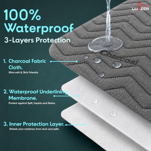 Image of Lukzer 100% Waterproof Charcoal Mattress Protector King Size 72 inch x 72 inch inch | 360 Elastic fit, Breathable, Hypoallergenic, Noiseless, Ultra-Soft Fitted Bed Protector /Deep Pocket Bed Mattress Cover