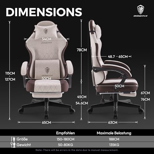 Dowinx Gaming Stuhl Stoff mit Frühling Kissen, Massage Lendenwirbelstütze Bürostuhl mit Fußstütze für Erwachsene, Ergonomischer Gaming Sessel Groß und Hoch für Office Gaming 135KG, Braun – Bild 3