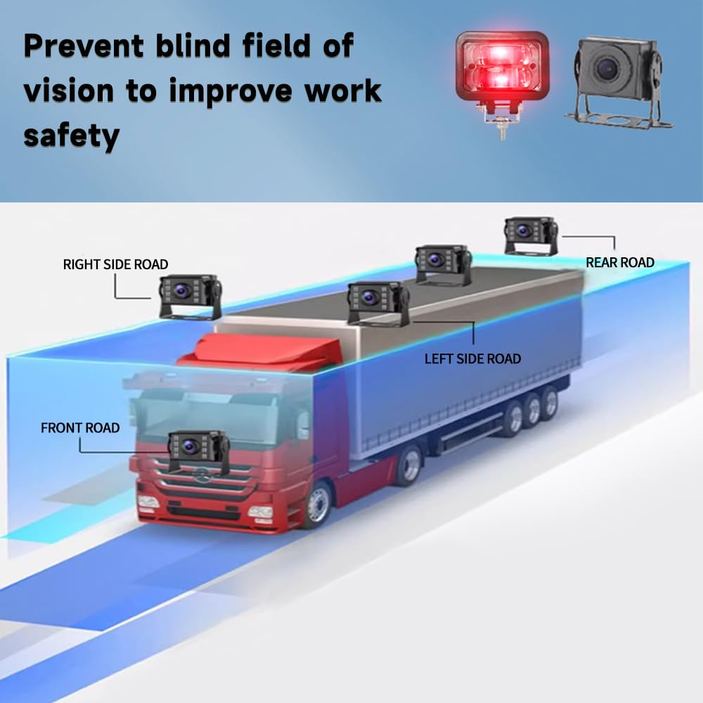 AI Intelligent Safety System with 4 Cameras, reversing Camera for Intelligent Recognition, 3 LED Warning Lights and 1 beeping Alarm Light, Display for Monitoring Safe Areas (AI4-S09-Blue LED Light)