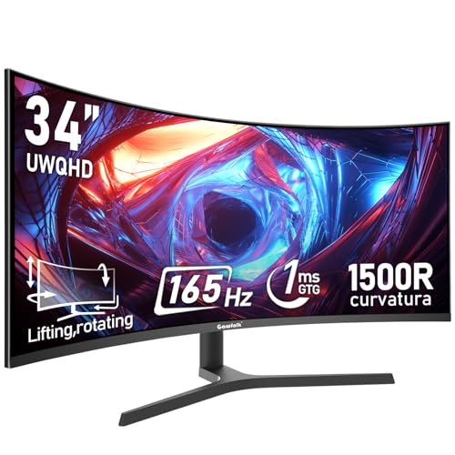 Gawfolk 34 inch ultrawide Curved Gaming Monitor, 1500R Curvature 165hz Refresh Rate UWQHD 3440x1440, Curved Computer Screen with FreeSync and Eye Care Technology, Liftable Stand,Wall Mount Compatible