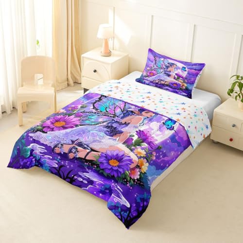 Image of Erosebridal Fairy Girl Bedding Sets Twin - Flower Fairytale Comforter Set for Kids Adults Blue Butterfly Floral Decor Duvet Insert Purple Galaxy Moon Quilt