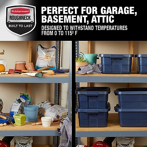 Image of Rubbermaid Roughneck Tote 10 Gal, 8 Pack, Made in USA, Dark Indigo Metallic, Rugged Plastic Stackable Storage Bins with Lids and Handles