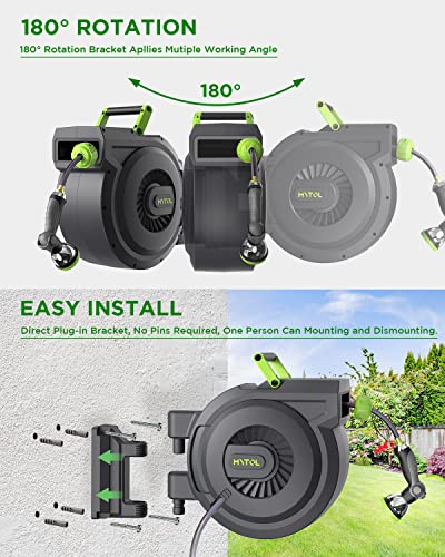 Mytol Retractable Garden Hose Reel, 1/2 Inch X 100 Ft + 6 Ft Wall Mount Hose Reel With Automatic Slow Rewind System, Any Length Lock, 10 Patterns Hose Nozzle, 180°Swivel Bracket, For Garden Watering #TOP3