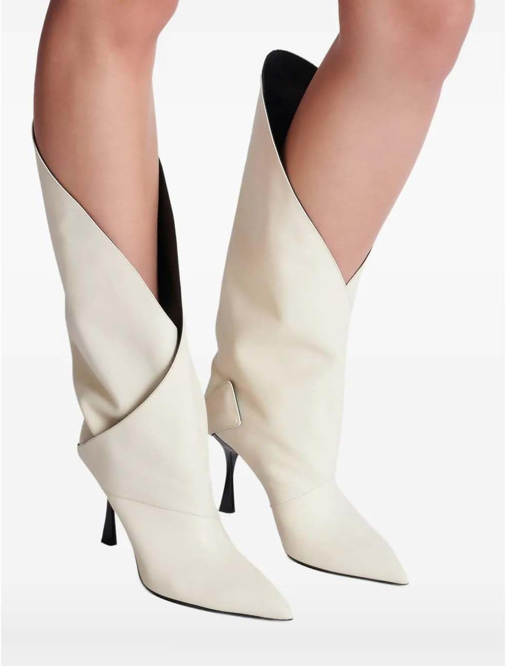 Women's Leather Knee High Boots V-Cut Pointed Toe Stiletto High Heel Riding Boots Stylish Motorcycle Biker Booties with Twist Detail For Party Wedding Shows - Image 2