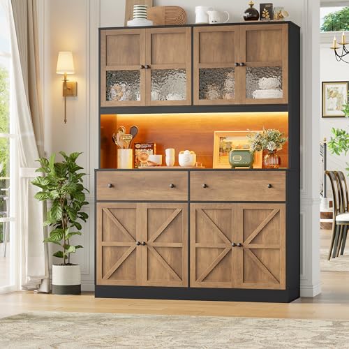 Image of FINETONES 71 inch Pantry Cabinet with LED Light and Charging Station, Farmhouse Kitchen Pantry Cabinet with Microwave Stand, 47.2 inch Wide Kitchen Hutch Food Pantry with Open Countertop, Black /Brown