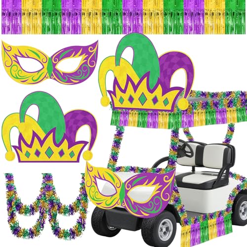 Cinrobiye Mardi Gras Golf Cart Decorations Mardi Gras Parade Float Decor Kit Carnival Parade Wagon Decorations With Large Masks Crown Fringe Tinsel Garland For Car Garage Door Carnival Decor Supplies
