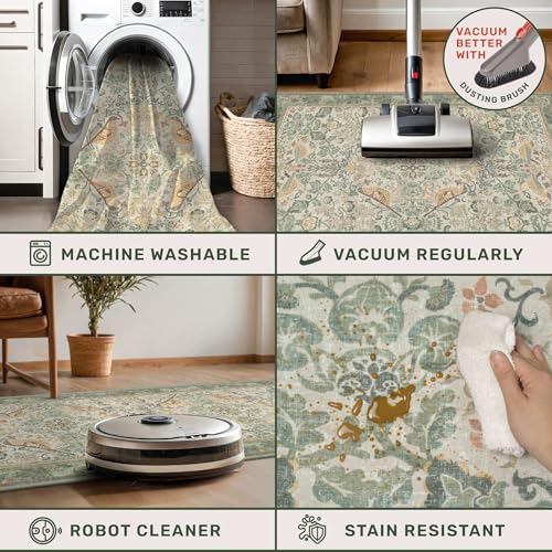 Image of Hazo Haus Washable Floral Bird Rugs for Living Room - Sage Green 8x10 Area Rugs for Bedroom Under Bed, Dining Room Kitchen Table Rug for Under Table, Nature Botanical Decor, Stain Resistant Non-Slip