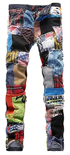 Allonly Men's Fashion Slim Fit Straight Leg colorful Patchwork Jeans Pants With Broken