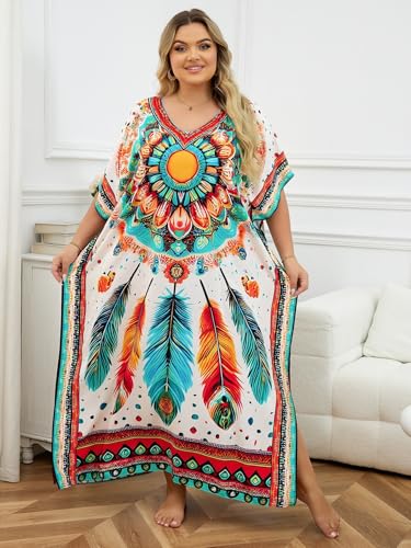 Image of KECVOT Kaftan Dresses for Women V-Neck Print Swimsuit Cover Up Plus Size Beach Caftan Lounge Dress