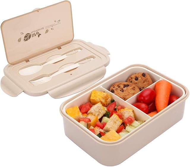 Merysen 1000 ml Bento Lunch Box for Adults & Kids, Food Container with 3 Compartments and Cutlery Set(Fork and Spoon), Microwave & Dishwasher Safe (Khaki)