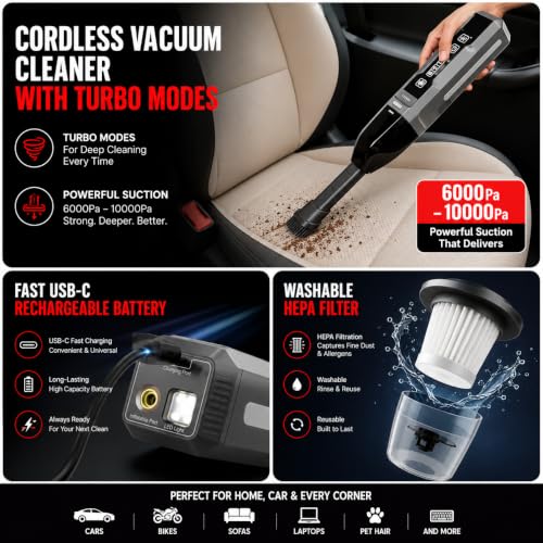 Image of Carlizem 4-in-1 Car Vacuum Cleaner Cordless with Tyre Inflator, Jump Starter & Emergency Light | Portable Car Emergency Kit, 150 PSI Air Pump, 600A Battery Booster Flash