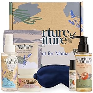 Nurture by Nature’s MOMENT FOR MAMA Gift Set, Lavender Pillow Mist, Spa Gift Baskets for Women, 6 Pcs Per Bath Set, Mom Spa Gift Set, Relaxation Kit, Body butter, Shower Oil, Essential Oil Roll on