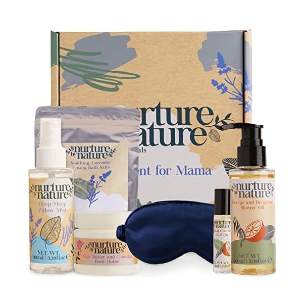Nurture by Nature's MOMENT FOR MAMA Gift Set, Lavender Pillow Mist, Spa Gift Baskets for Women, 6 Pcs Per Bath Set, Mom Spa Gift Set, Relaxation Kit, Body butter, Shower Oil, Essential Oil Roll on