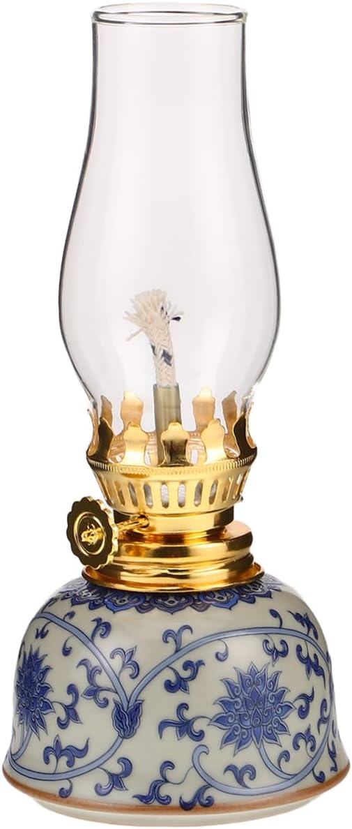 Ceramic Vintage Chamber Oil Lamp Classic Kerosene Lantern Antique Clear Hurricane Lantern with Adjustable Fire Wick with Golden Metal Regulator for Christmas Parties Decor or Home Travle Use