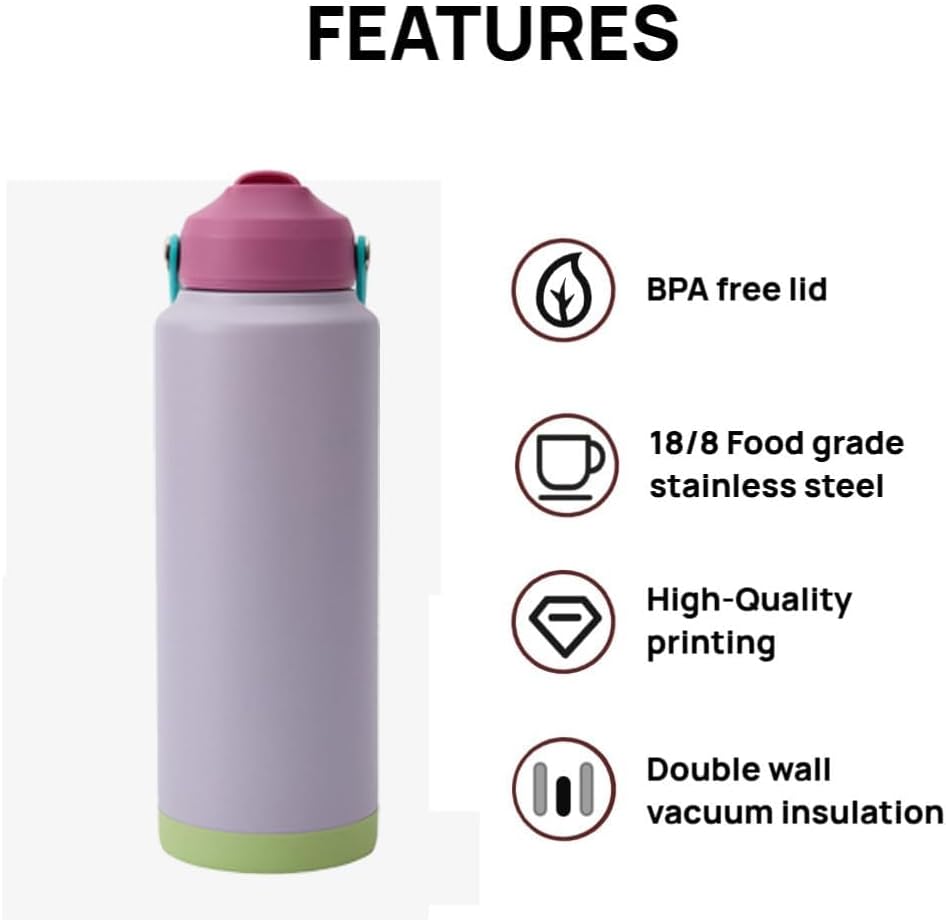 40 oz Modern Insulated Water Bottle with Handle, Flip-Top Straw Lid, Stainless Steel, Vacuum Double-Walled Leak-Proof BPA-Free Tumbler Mug, Fits Cup Holder for Travel Sports Office,Lavender - Image 3