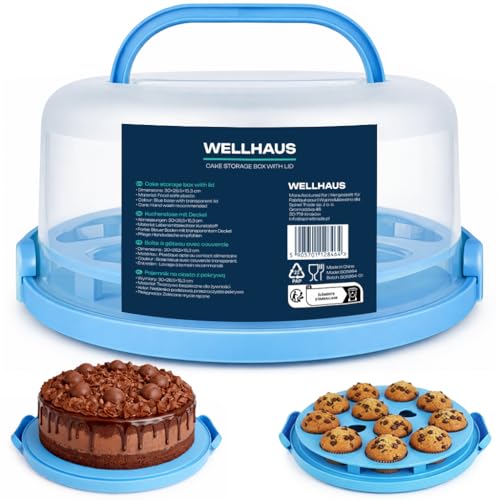 WELLHAUS Boîte de transport pour gâteaux, muffins et cupcakes, avec couvercle en plastique, bleu, ronde, 30 x 15,3 cm