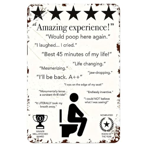 Bathroom Humor Tin Sign， Vintage Toilet Reviews Metal Sign Print Aesthetic Room Decoration for Home Bedroom Kitchen Bar Coffee Dorm Bathroom Wall Decor 8 X 12 in