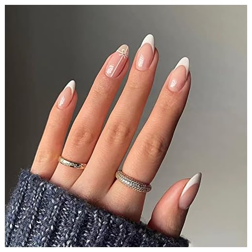 Belle Press on Nails Short for Women, White French Tip Oval Fake Nails 24pcs Acrylic Almond False Nails with Diamonds Adhesive Tabs Manicure Set Static Nails Full Cover Art Design Kit Decoration