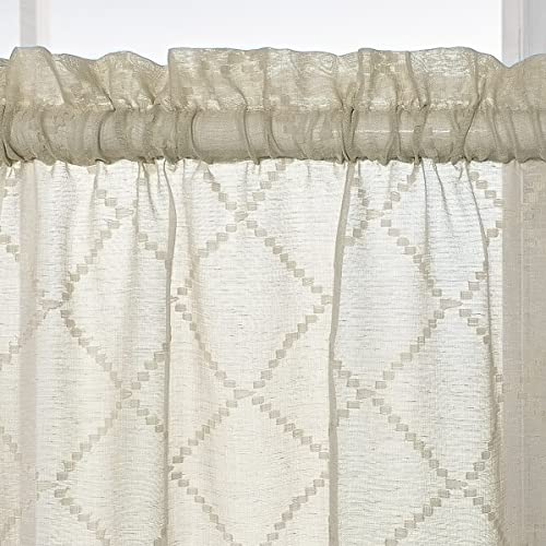 Koufall Tier Curtains 36 Inch Length For Kitchen 2 Panels Rod Pocket Embroidered Diamond Pattern Linen Semi Sheer Transparent Short Half Small Window Curtains For Bathroom Rv Campers Taupe Tan Brown #TOP1