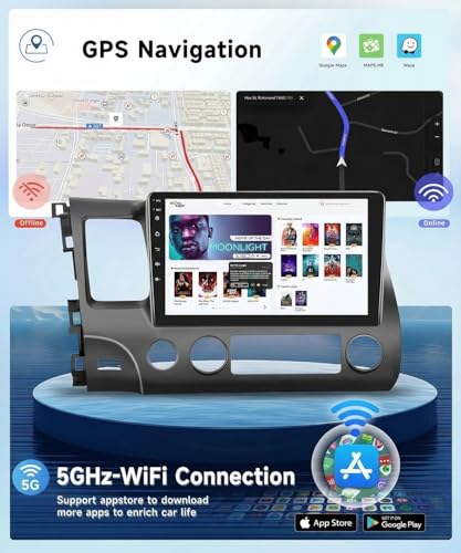 Image of 5GHz-WiFi 2G+64G Car Stereo for Honda Civic 2006 2007 2008 2009 2010 2011 with Wireless Carplay Android Auto, 10.1 inch Touchscreen Android 15 Car Radio Support Bluetooth EQ GPS USB AHD Backup Camera