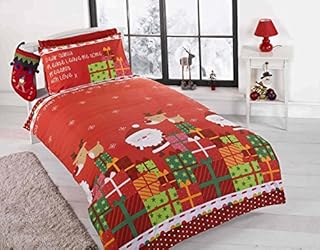 Christmas Presents Kids Xmas Santa Claus Quilt Duvet Cover and Pillowcase Bedding Bed Set, Multi-Colour, Single