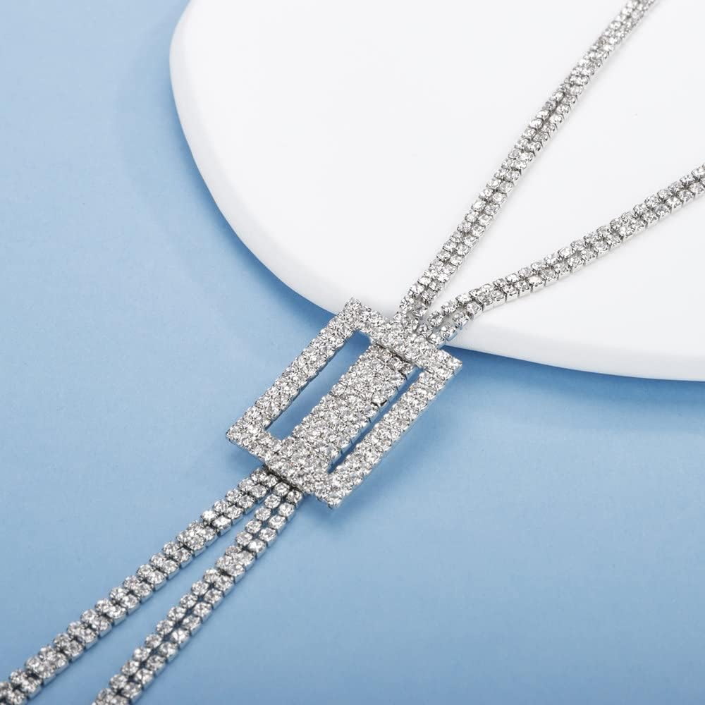 Sither Crystal Tassel Pendant Necklace for Women Long Y Necklace Silver Sweater Chain Necklace Wedding Dressy Necklace Jewelry for Winter Evening Party Christmas Gift - Image 5