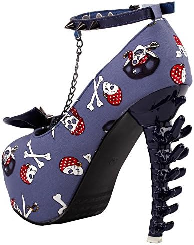SHOW STORY Purple Skull Rose Print Studs Bow Chain Peeptoe Ankle Strap Platform Dinosaur Bone Rough 5" Pumps,LF80631PP39,8US,Purple | Image 2