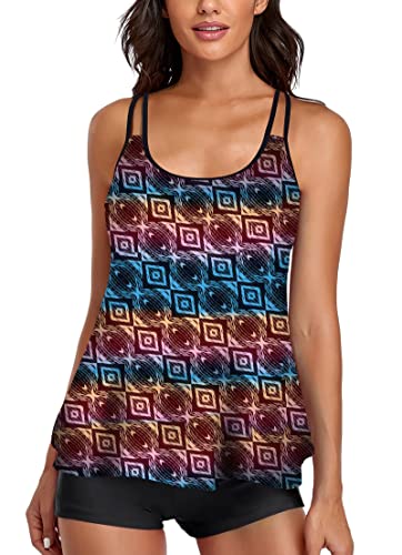 UNIQWETO Bauchweg Tankini Badeanzüge für Damen 2 Stück Bikini Lang Tank Top mit Boyshorts Badeanzüge, Farbgrafik, Medium Cover