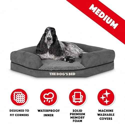 The Dog's Bed Orthopädisches Eck-Hundebett aus Memory-Schaum, lindert Arthritis und Hüftdysplasie, Wasserdicht, Waschbarer Plüschbezug, Tierärztlich Geprüft