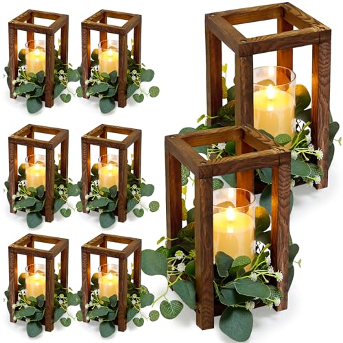 Tobilu 18 Pcs Wooden Lantern Centerpiece - Wedding Lantern with Eucalyptus Candles Wreaths LED Flameless Candles Rustic for Country Wedding Party Farmhouse Table Decor
