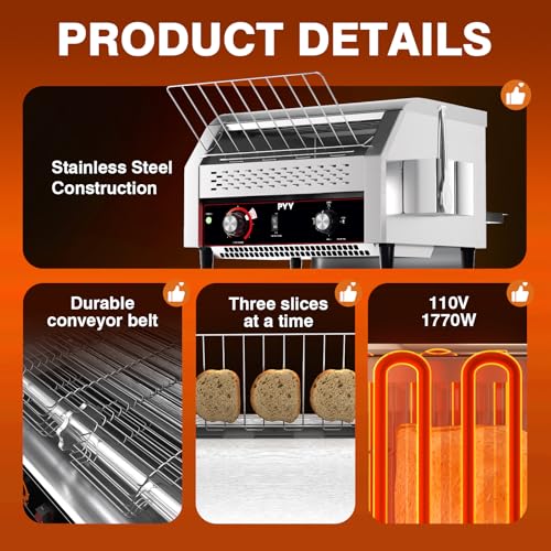 Image of PYY Commercial Conveyor Toaster - Electric Industrial Belt Toasters Oven, 450 Slices /Hour Heavy Duty, Stainless Steel for Bun Bagel Bread Waffle Restaurant Buffet