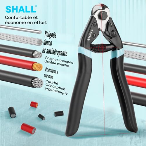 SHALL Coupe-câble robuste de 19,5 cm pour couper jusqu'à 4 mm d’épaisseur, mâchoire en acier au chrome vanadium pour câbles et fils d'acier durs, câbles d'avion, garde-corps, clôture en métal, frein – vue 5