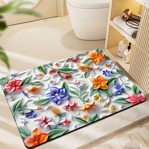 Odot Alfombra Baño Secado Rápido Alfombrilla de Baño Antideslizante de Piedra Diatomita Súper Absorbente Alfombra Felpudo Suaves para bañera, Ducha y Cocina, 5D Flores (Planta,30x40cm)