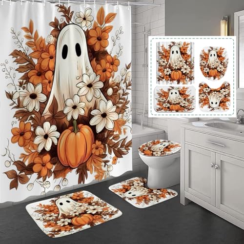 4Pcs Fall Halloween Shower Curtain Set Ghost Pumpkin Autumn Floral Shower Curtain for Halloween Bathroom Decor with Anti-Slip Waterproof Bathtub Bathroom Rugs Toilet Lid Cover (Ghost Pumpkin)