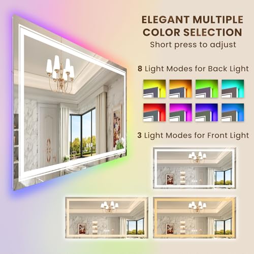 Image of WTTY LED Bathroom Mirror 60 inchx30 inch with RGB Backlit and Front Light,Stepless Dimmable LED Mirror for Bathroom,Colored Lighted Bathroom Vanity Mirror,Anti-Fog,Memory Function,Shatter-Proof
