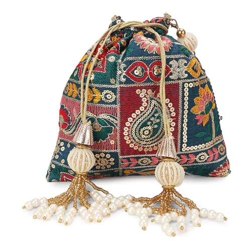 Image of LONGING TO BUY Indian Ethnic Pearls & Sequence Potli Bag for Women, Wedding Potli Bag and For Ethnic Wear