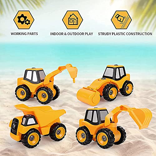 DeXop Toy Trucks, Set of 4 Toy Cars, Self-Assembly Excavator Toy with Drill and Tools, Tractor Toys Gifts for 2 3 4 Year Old Boys and Girls, Yellow - Thumbnail 5