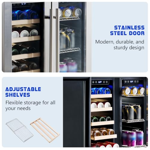 Image of Albott Beverage Refrigerator - 24-Inch Dual Zone Cooler with Glass Door, Freestanding /Under Counter Wine and Beer Fridge, Holds 20 Bottles & 78 Cans, Ideal for Kitchen, Bar, Office, 34-64℉ & 41-68℉