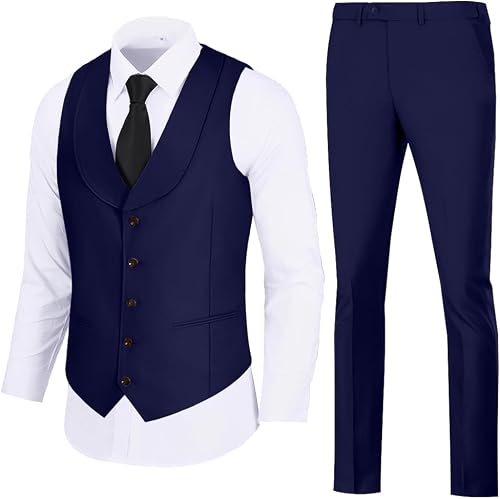 WOMS Men 2 Pieces Suit Slim Fit Vest Pants Set V Neck Navy Blue Suits