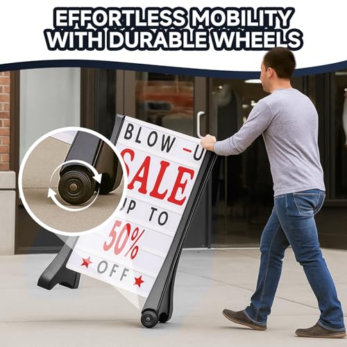 DRKSBesto 24\"x39\" Changeable Message Board Sidewalk Sign, Standard Portable A-Frame Sign & Letter Kit for Outdoor,Business, Large Black Standing Frame with Wheels, Water-Fillable and Wind-Resistant